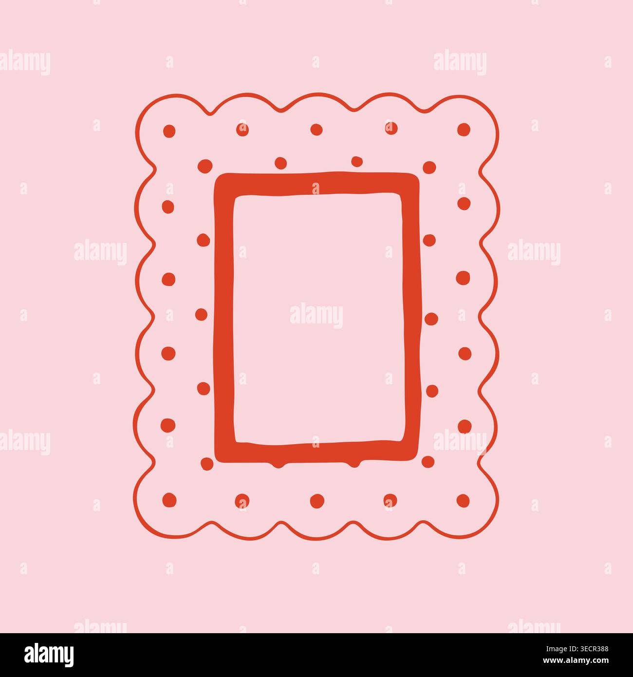 Cadre rectangulaire minimaliste avec bords festonnés ondulés et ornement à motif à pois rouges. Bordure créative de doodle vecteur pour les étiquettes féminines mignonnes et Illustration de Vecteur