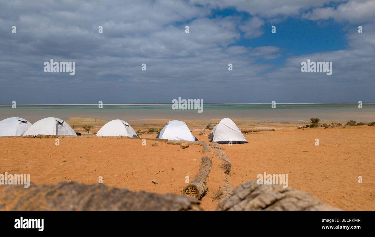 Tentes dôme blanches sur sable orange près de la mer bleue calme sous ciel nuageux, camping de plage dans le désert éloigné avec une végétation minimale et du bois flotté au premier plan. De Banque D'Images