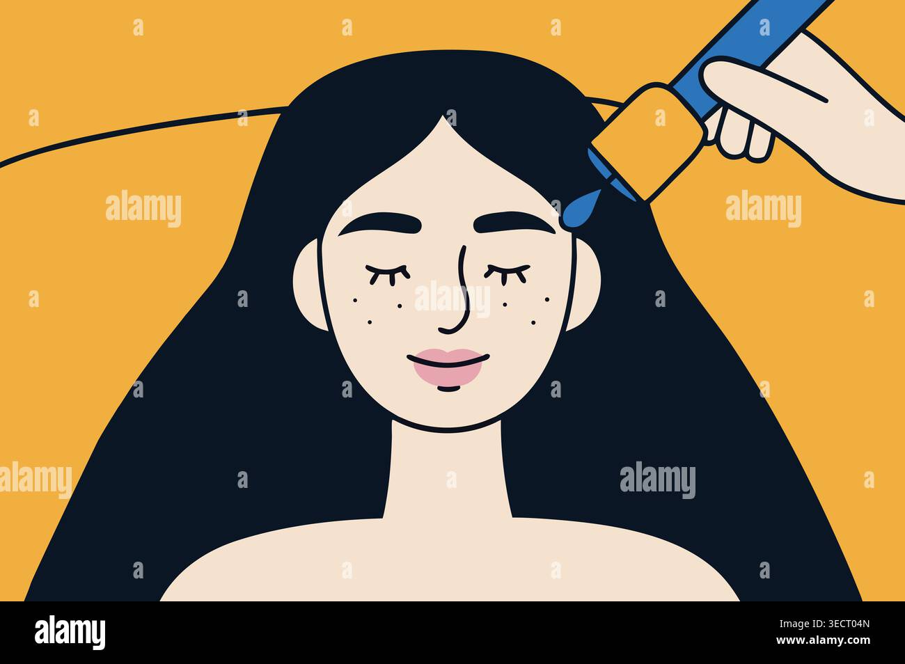 Une femme aux longs cheveux foncés est allongée dans un salon de beauté. Une main applique un sérum bleu sur son front. L'arrière-plan est de couleur jaune vif. Banque D'Images