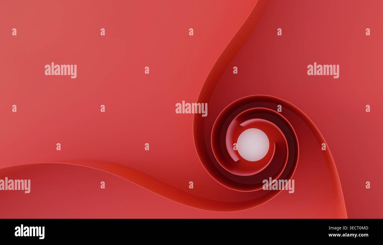 Un tourbillon rouge abstrait captivant embrassant une sphère blanche centrale, créant une sensation de mouvement et de profondeur. La composition dynamique offre une élégance Banque D'Images