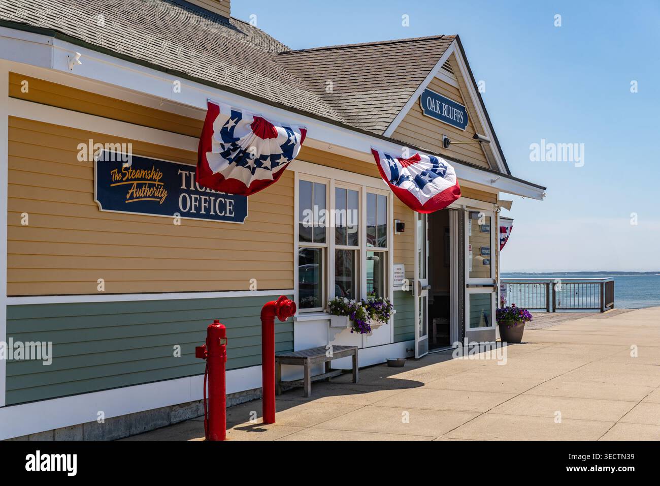 Oak Bluffs, Martha's Vineyard, ma, États-Unis-3 juillet 2025 : le ferry arrive au terminal de l'île et les gens nagent à la plage regardant le ferry. Banque D'Images