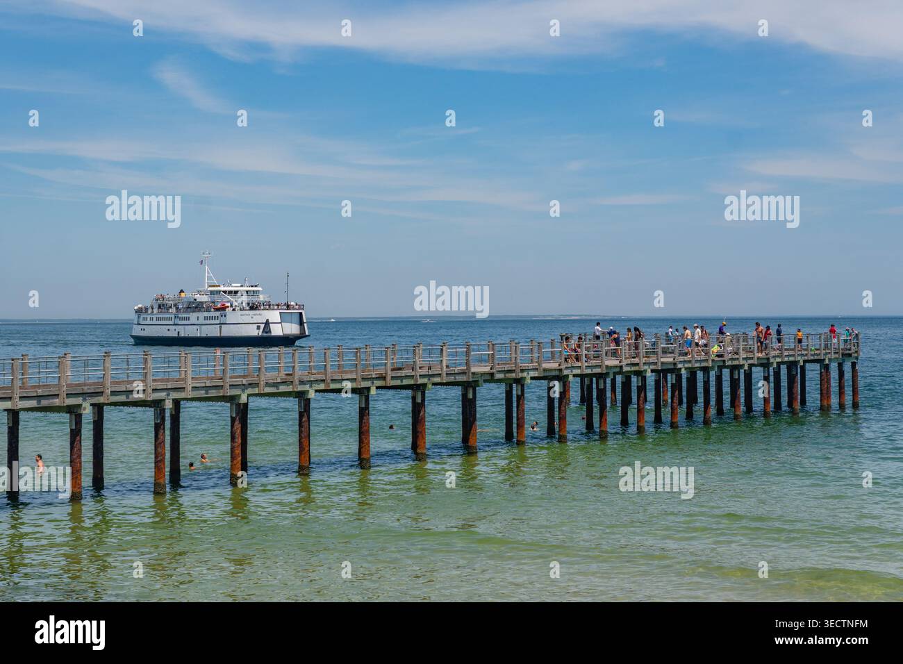 Oak Bluffs, Martha's Vineyard, ma, États-Unis-3 juillet 2025 : le ferry arrive au terminal de l'île et les gens nagent à la plage regardant le ferry. Banque D'Images
