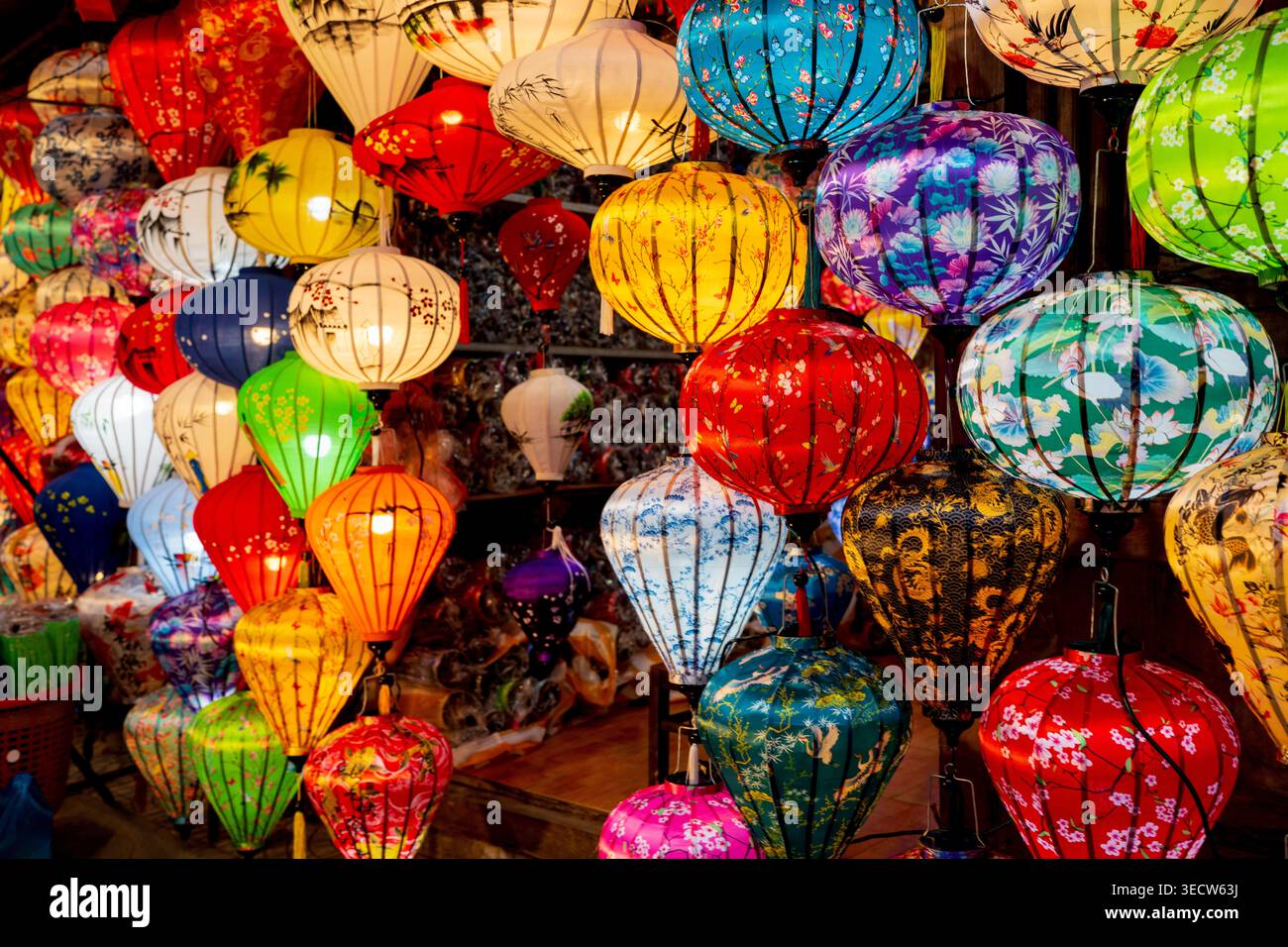 Des lanternes vibrantes aux motifs complexes, aux formes et aux couleurs assorties, sont accrochées gracieusement le long d'un marché vietnamien usé par le temps, mettant en valeur une tradition exquise Banque D'Images