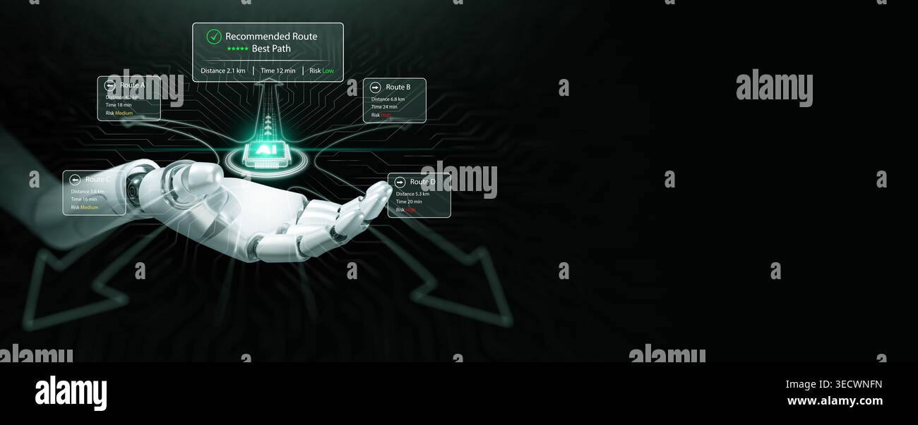 Concept de prise de décision en intelligence artificielle avec interface de recommandation de route IA tenant la main robotique, chemins multiples, meilleure sélection de chemin, risque Banque D'Images