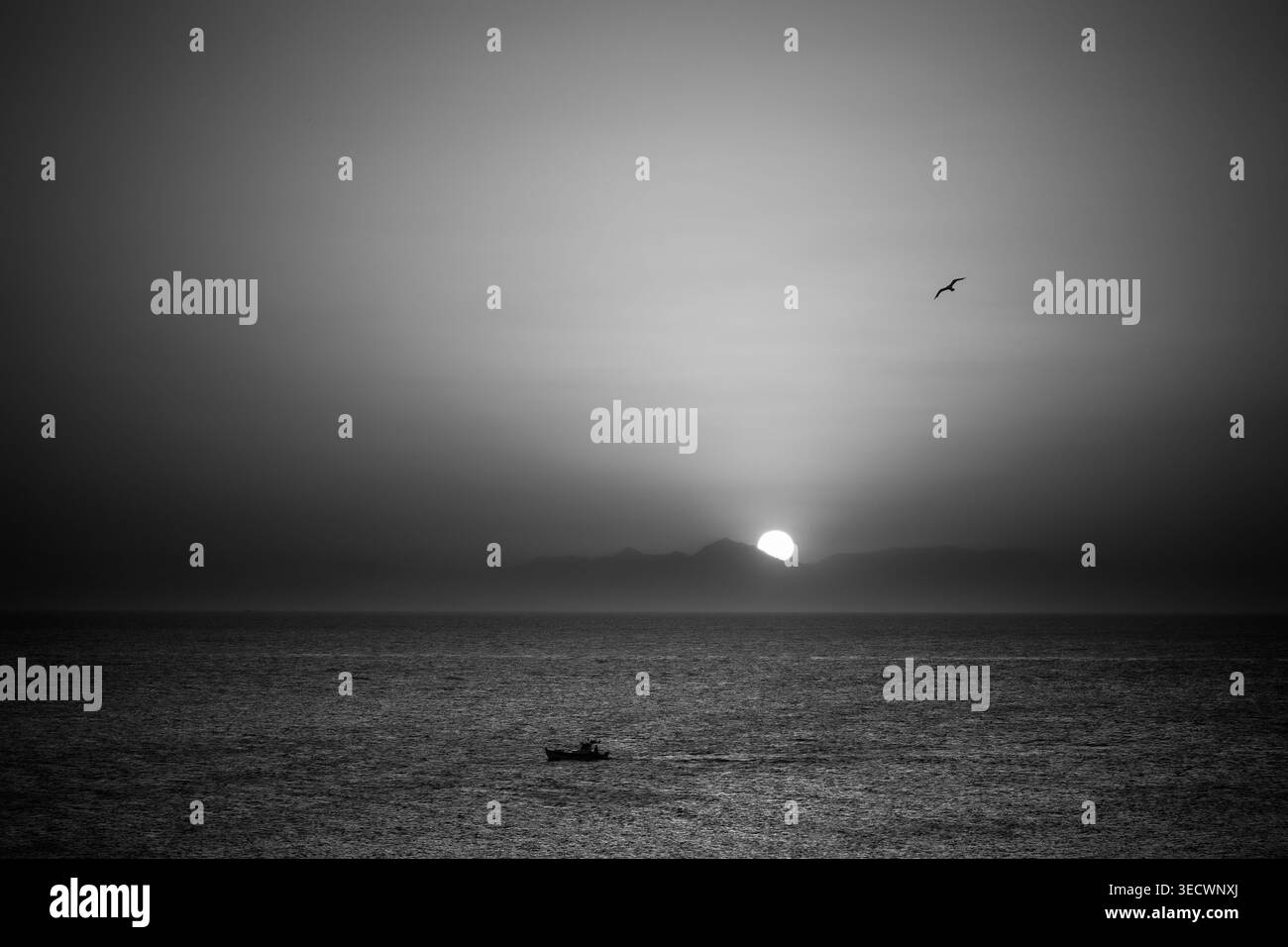 rhodes, grèce, marmaris, turquie, égée, mer, lever de soleil, matin, aube, silhouette, bateau, pêche, eau, océan, horizon, montagnes, côte, littoral, Banque D'Images