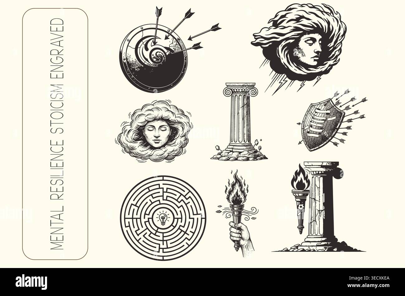 Ensemble d'icônes stoïcisme gravées vintage représentant la résilience mentale et la force intérieure Illustration de Vecteur