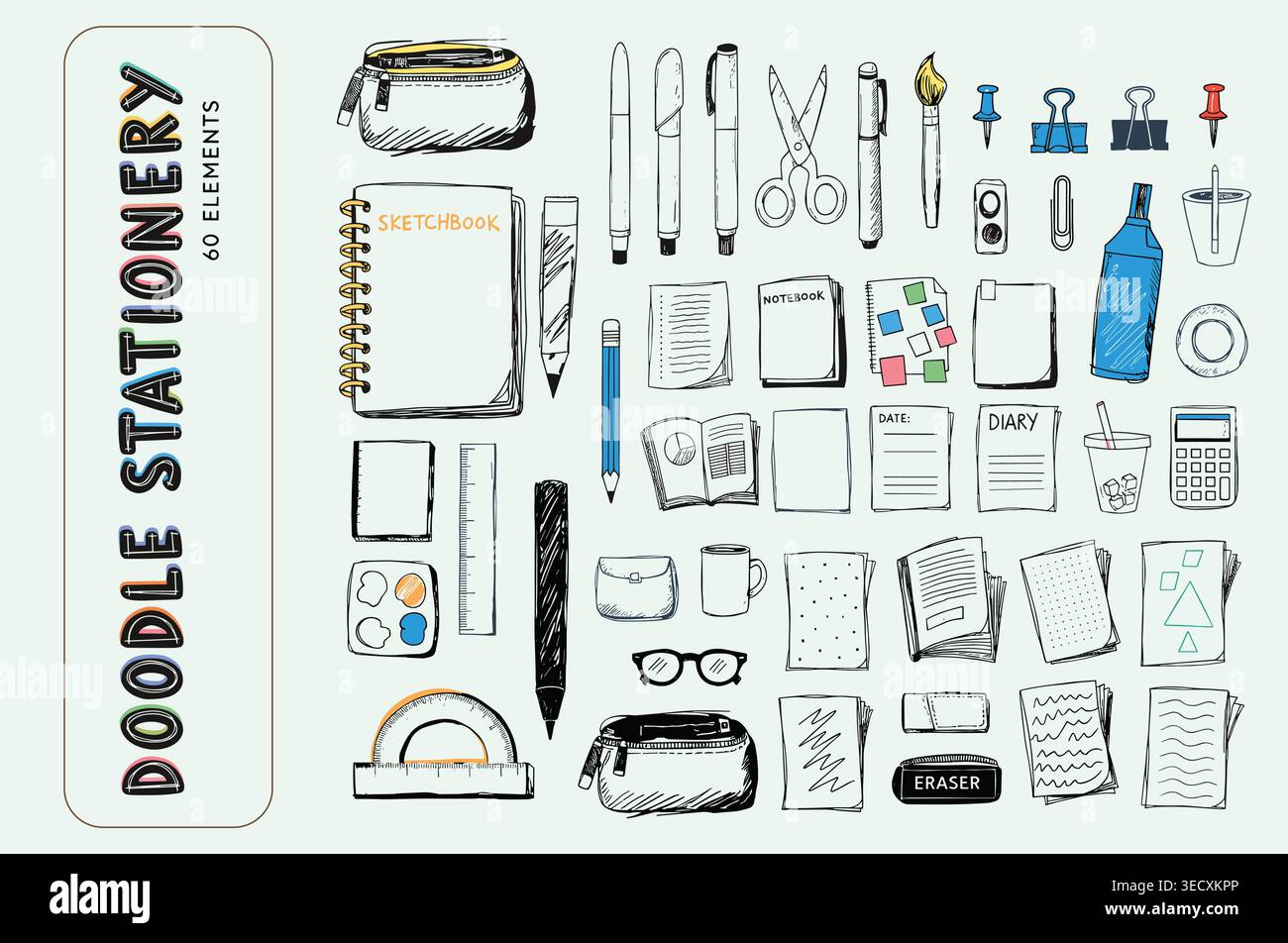 Ensemble de papeterie Doodle avec 60 éléments de fournitures de bureau et scolaires dessinés à la main Illustration de Vecteur