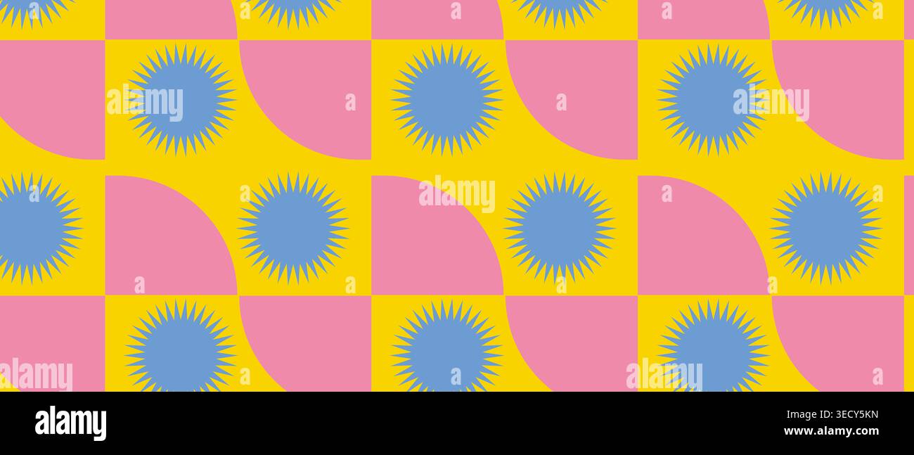 Design moderne abstrait du milieu du siècle avec des icônes solaires bleues répétées et des arcs géométriques roses disposés sur un fond jaune vif pour une décoration joyeuse Banque D'Images