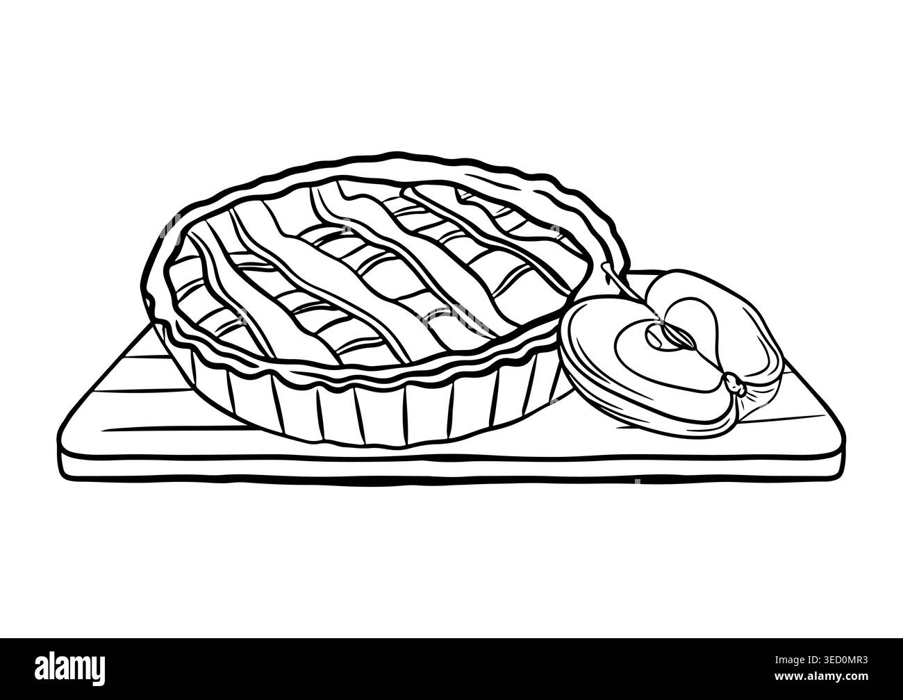 Illustration en noir et blanc d'une tarte surmontée de treillis sur une planche à découper à côté de sections de pommes tranchées, mettant en valeur un style de design simple et propre. Illustration de Vecteur