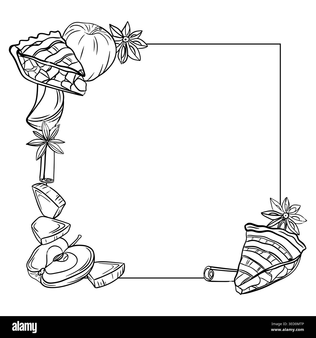 Illustration d'art au trait d'un cadre décoratif avec des tartes aux pommes, des pommes entières, des tranches de pommes, de l'anis étoilé et des bâtonnets de cannelle sur un cadre blanc. Illustration de Vecteur