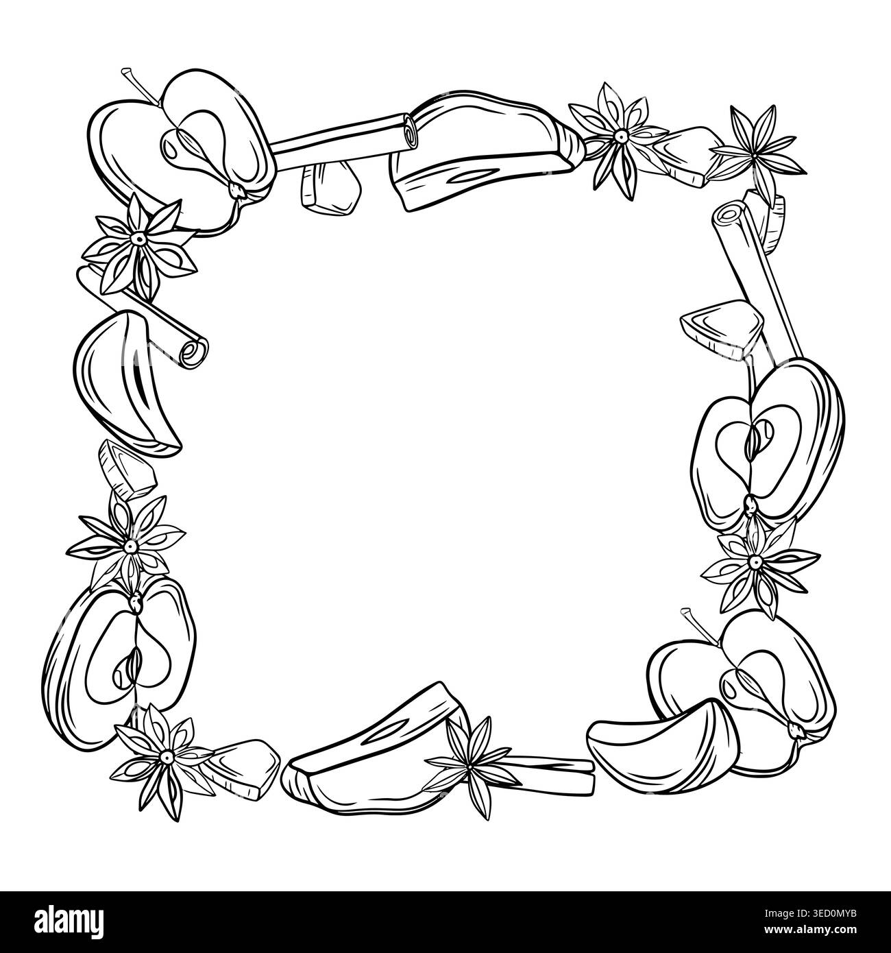 Un cadre décoratif avec des pommes peintes, de l'anis étoilé et de la cannelle, formant une forme carrée symétrique. Illustration de Vecteur