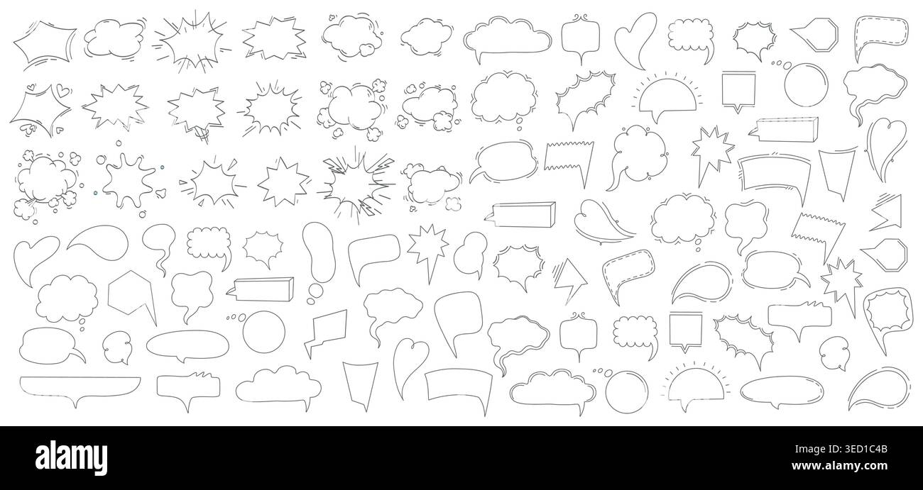 Kit de griffonnage à bulles de discours. Nuages de discussion, éclats de cris et mots de dialogue pour les modèles d'affiche de bande dessinée. Collection vectorielle rétro d'éléments de dessin animé pour Illustration de Vecteur