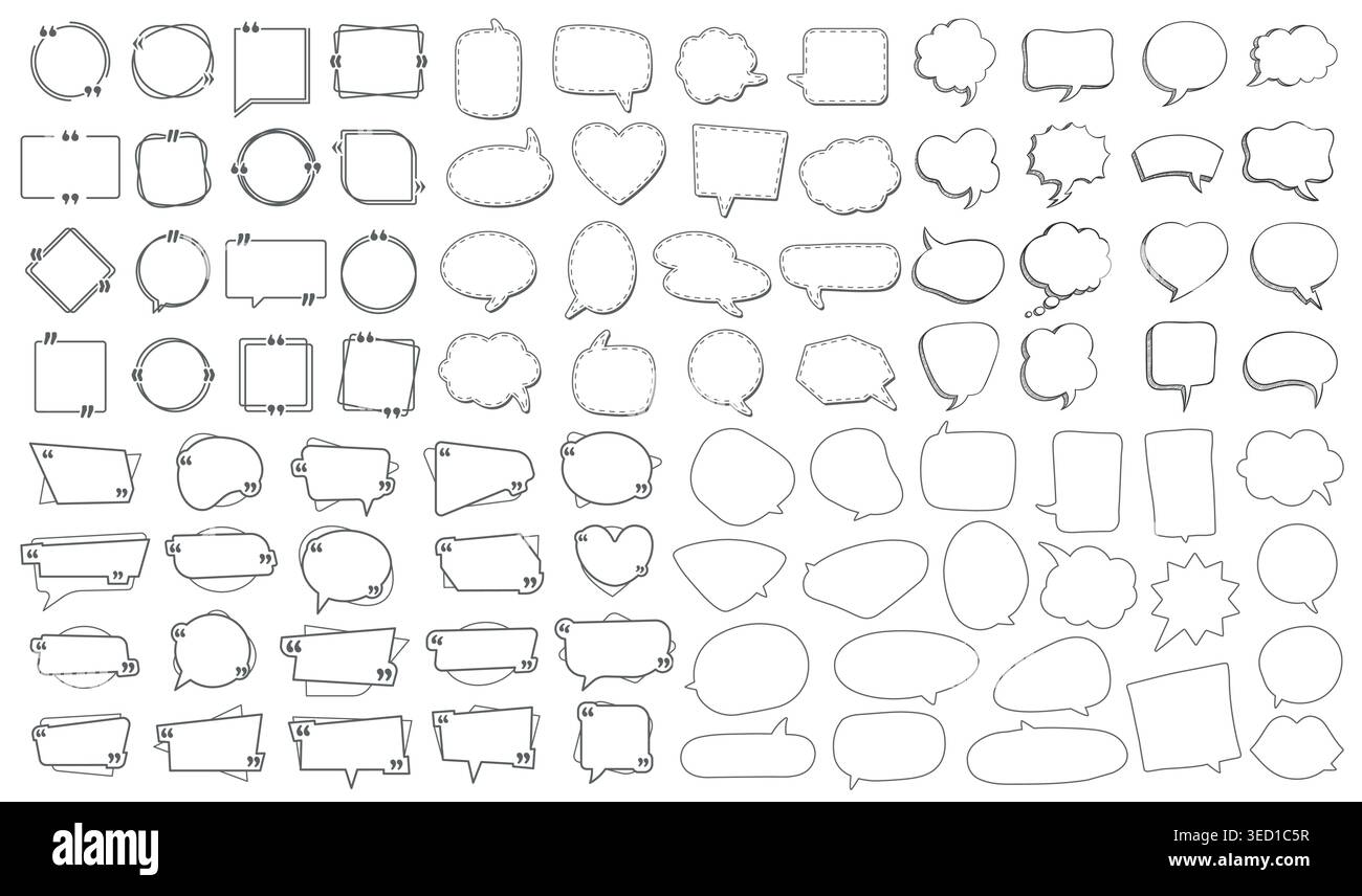Jeu de bulles et de légendes. Nuages de pensée, mots de dialogue et ballons de parler pour autocollant rétro. Collection vectorielle de contours monochromes Illustration de Vecteur