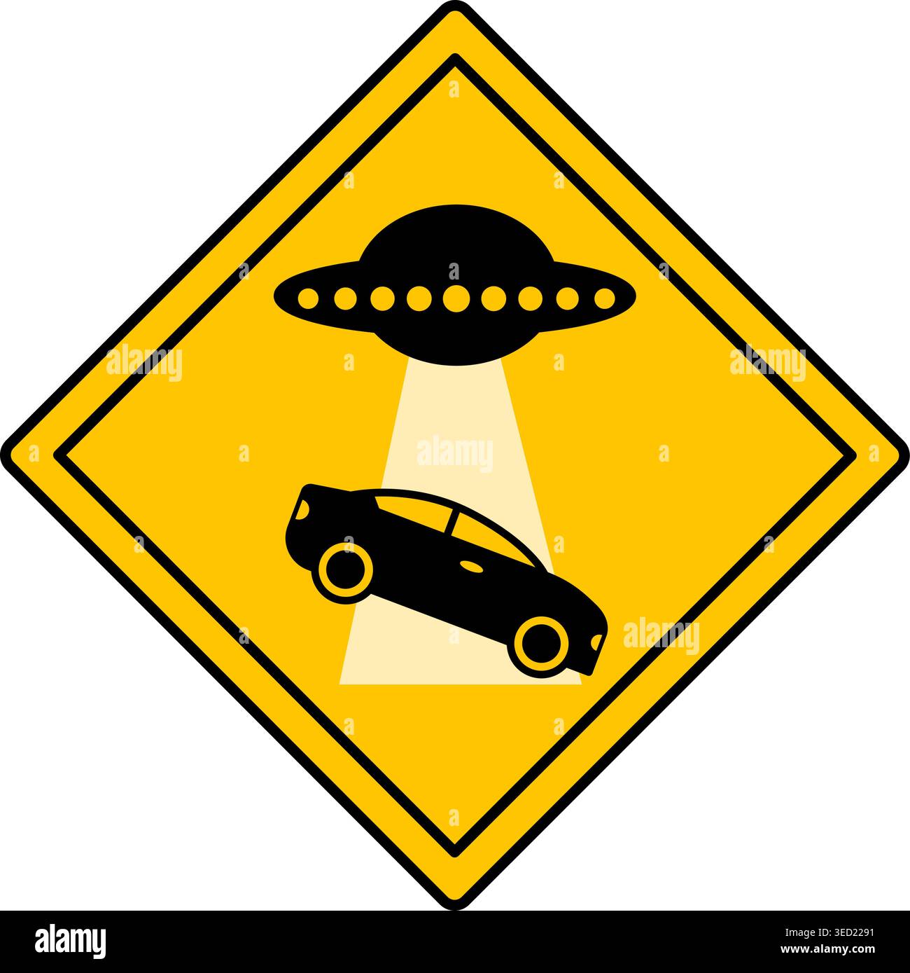 Panneau jaune interdiction de stationnement. Panneau routier humoristique. OVNI prend voiture, Alien Ship. Icône vectorielle Illustration de Vecteur