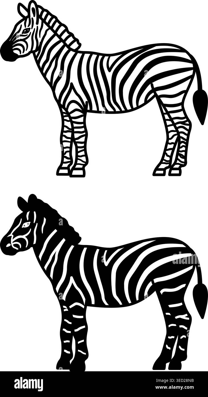 Icônes zèbre. Illustration vectorielle en noir et blanc. Mammifère, cheval rayé. Pour la conception de livres de coloriage. Concept animal Illustration de Vecteur