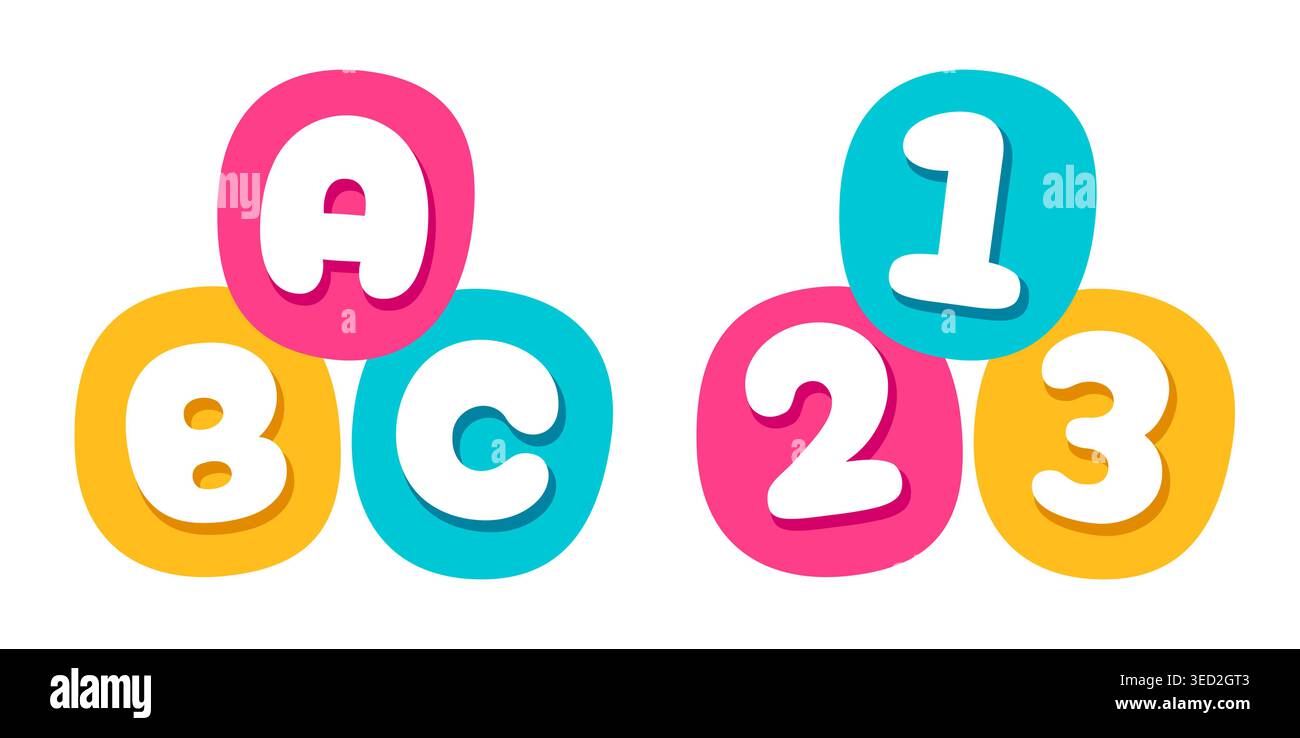 Lettres ABC mignonnes de dessin animé et icône de 123 chiffres, illustration vectorielle plate lumineuse. Enseignement des mathématiques et des langues pour enfants, logo de l'école. Illustration de Vecteur