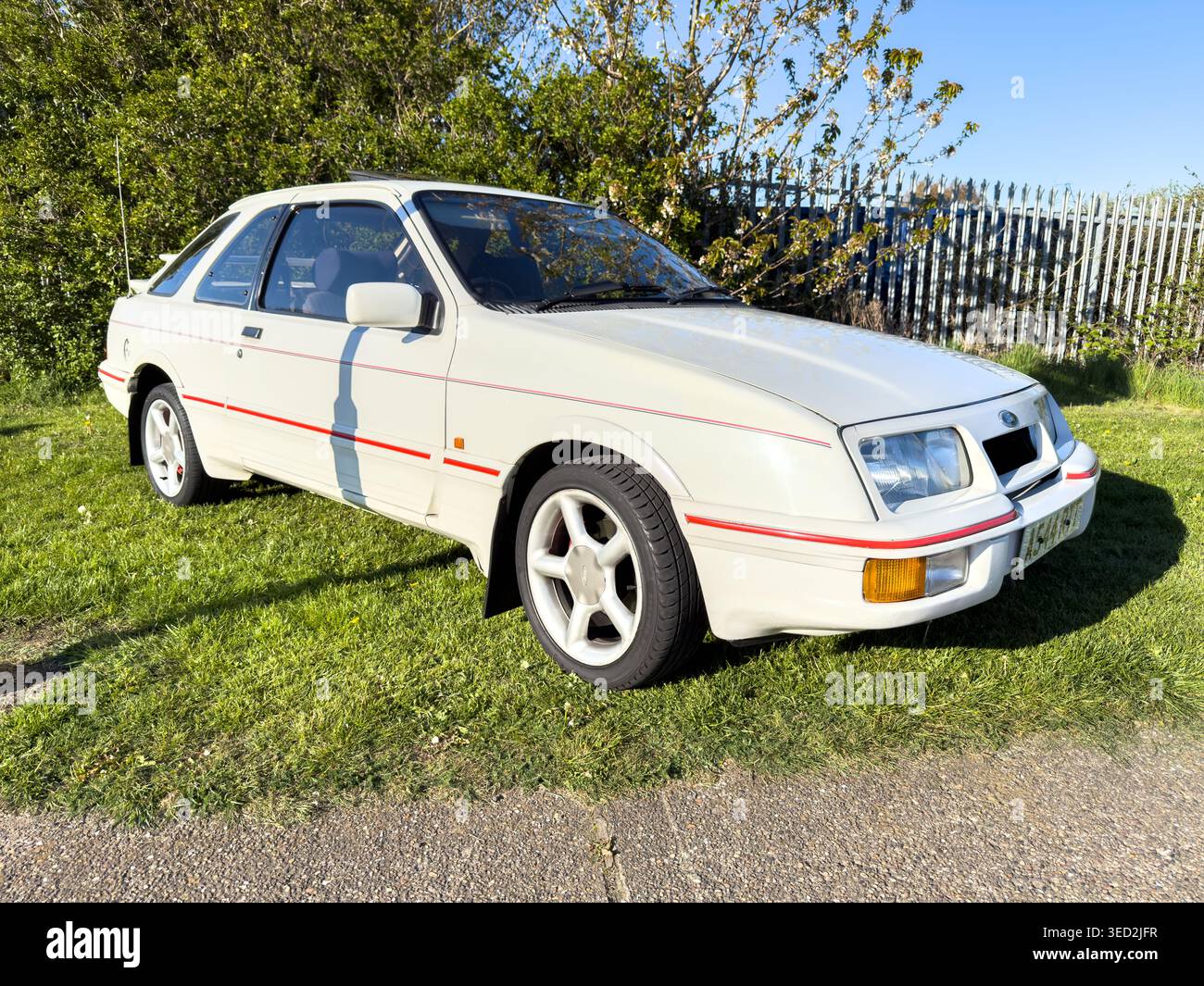 Vue rapprochée avant d'un Ford Sierra blanc classique sur un terrain en herbe montrant les détails des phares et du pare-chocs Banque D'Images