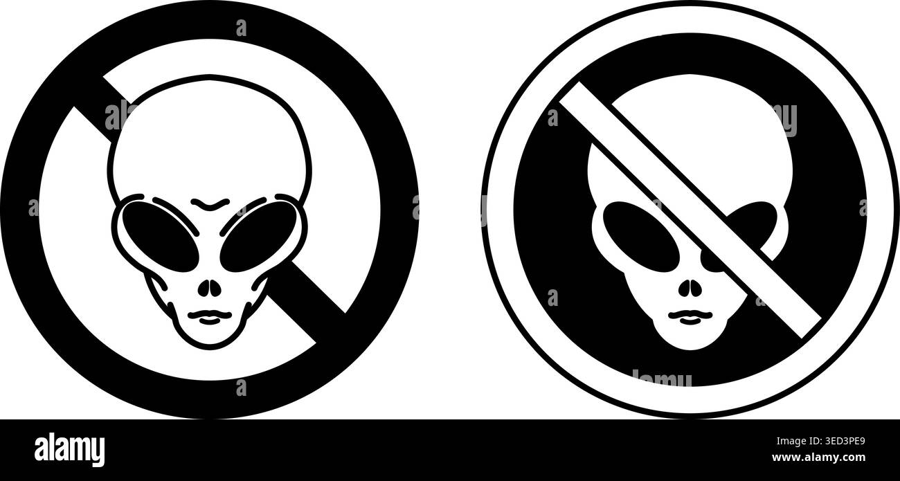 Pas de signes extraterrestres. Icônes vectorielles noir et blanc. Panneau routier humoristique. Pas d'OVNIS. Pas de civilisation extraterrestre Illustration de Vecteur