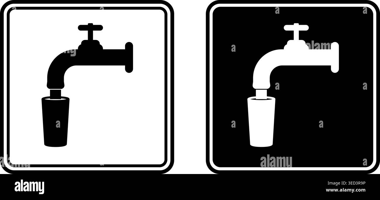Panneaux d'eau potable. Icônes vectorielles noir et blanc. Étiquette de sécurité pour l'eau potable. De l'eau s'écoule du robinet dans le verre Illustration de Vecteur