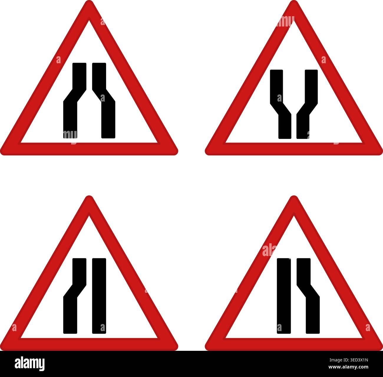 Panneaux routiers rouges. Icônes vectorielles. Routes rétrécies, routes élargies, routes rétrécies à gauche, routes rétrécies à droite Illustration de Vecteur