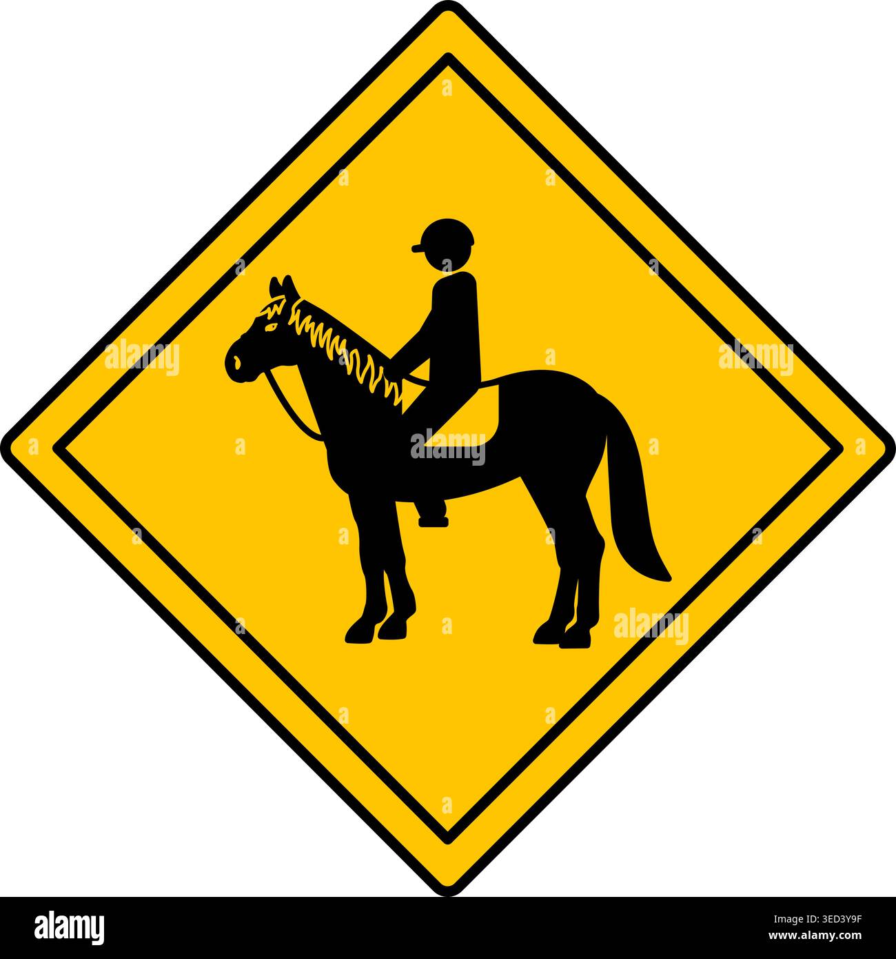 Panneau jaune Horse Rider. Icône vectorielle. Avertissement routier à propos de traverser le cheval de course routier avec Jockey. Autocollant Illustration de Vecteur