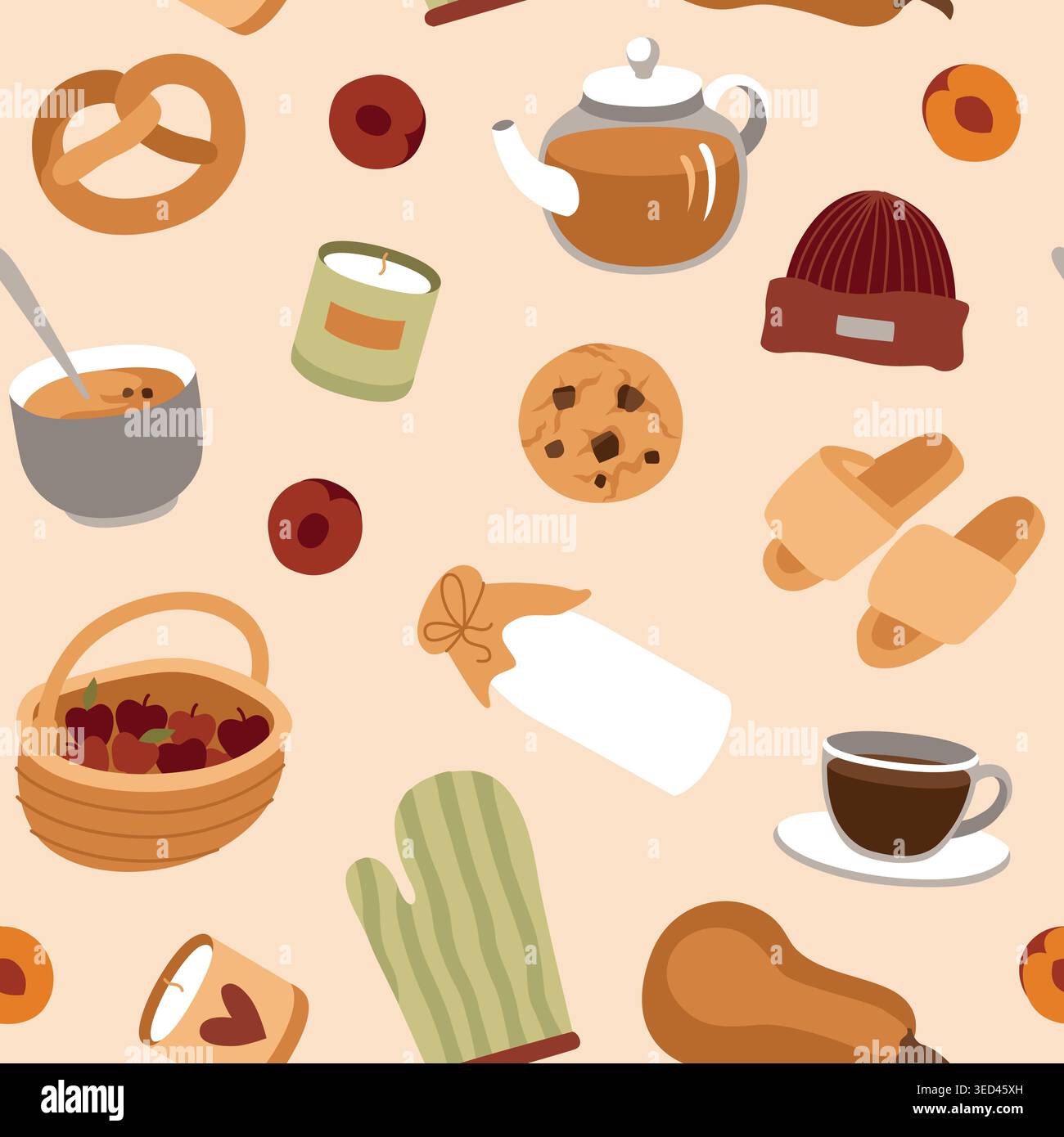 Motif sans couture d'automne dessiné à la main fait d'éléments confortables, de fruits, de boulangerie saisonnière et de thé pour les arrière-plans saisonniers, les projets d'automne Illustration de Vecteur