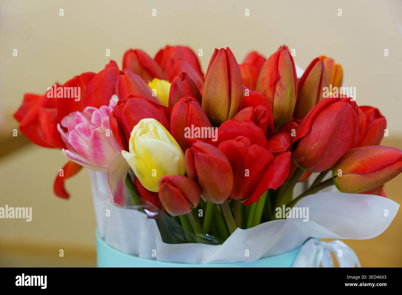 Les fleurs fraîches sont placées dans un vase sur une table, montrant des couleurs vibrantes et divers types. Le réglage semble chaleureux et invitant. Banque D'Images