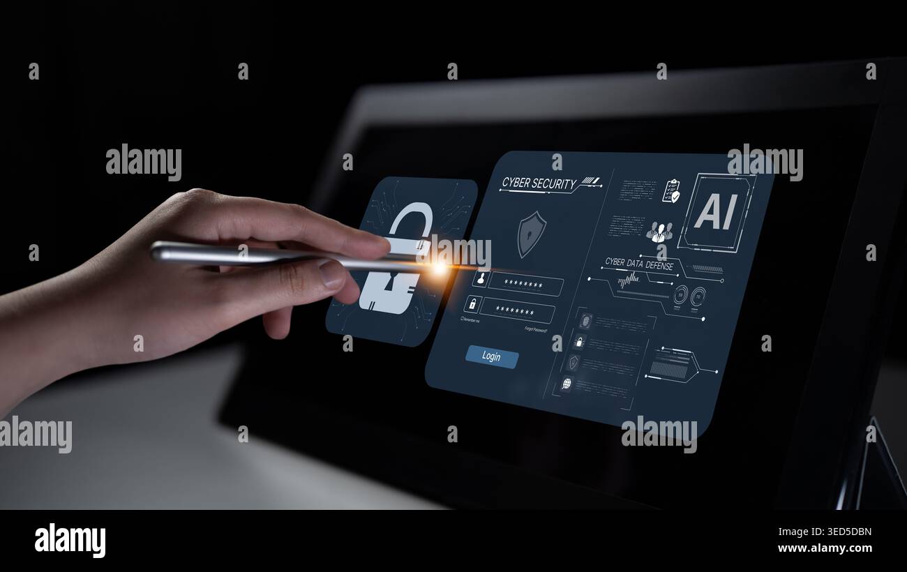Un tableau de bord de cybersécurité alimenté par l’IA pour la défense des cyberdonnées. Le système comprend un portail de connexion sécurisé et fournit une protection avancée et Banque D'Images