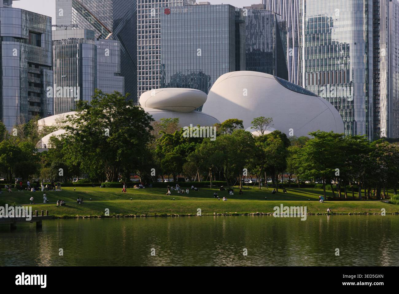 Shenzhen Bay culture Square, musée en bord de baie, vue extérieure avec parc paysager. Architecture design par MAD Architects. Banque D'Images