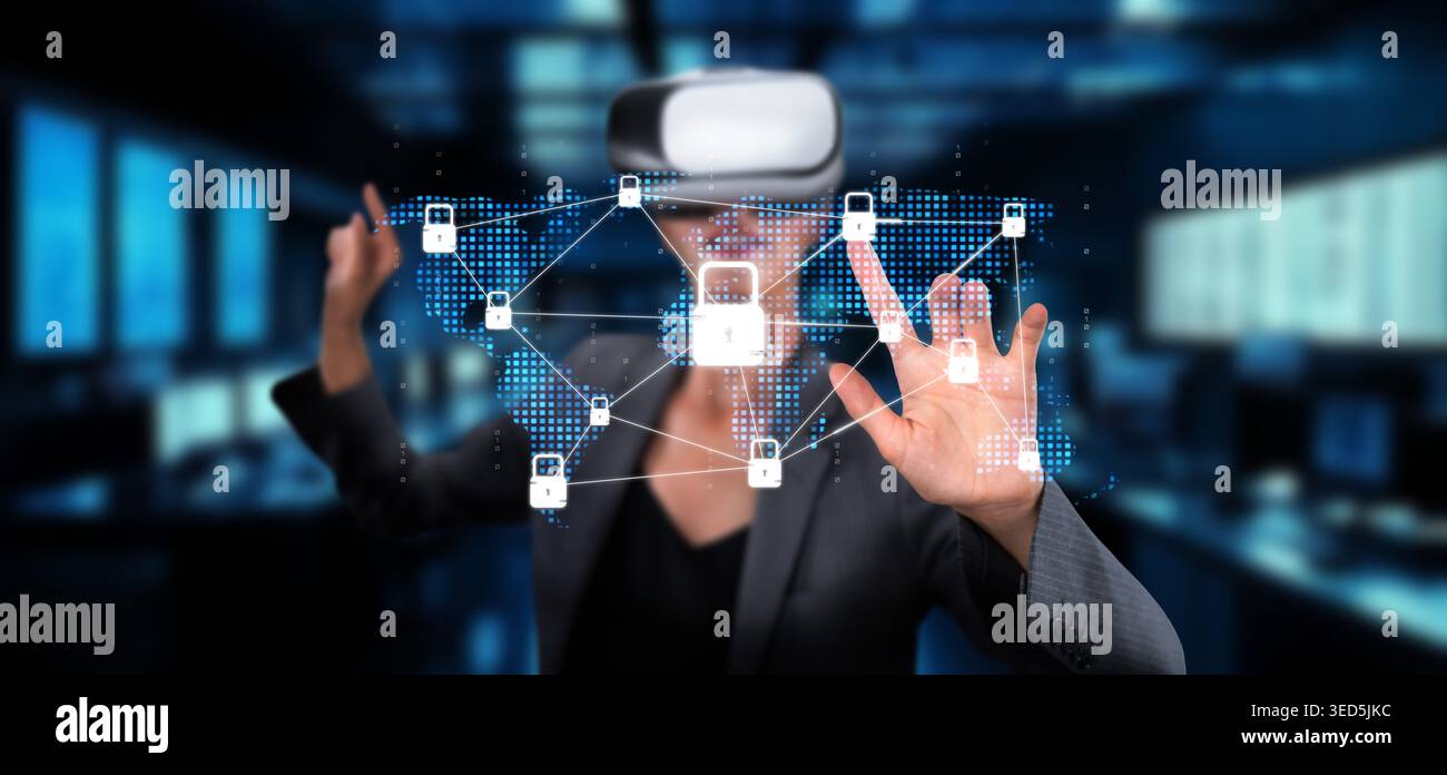 Explorez l'intersection de la réalité virtuelle et de la cybersécurité dans les entreprises, en présentant des stratégies innovantes pour protéger les actifs numériques et Banque D'Images