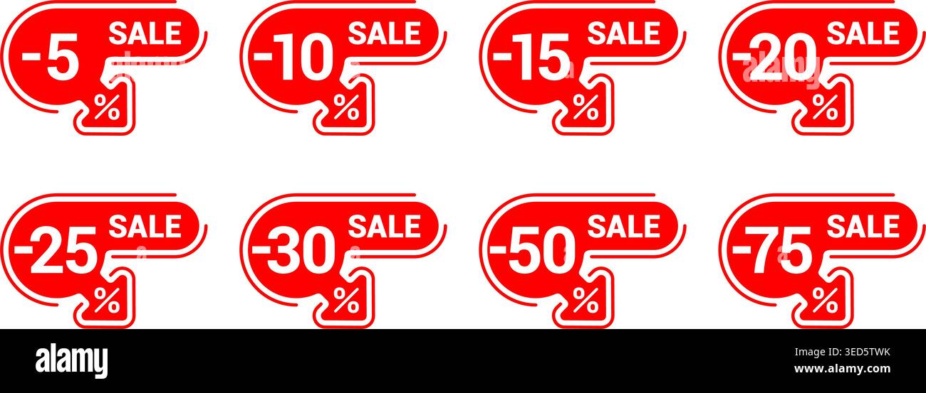 Ensemble d'étiquettes de vente dans des cadres arrondis créatifs, flèche vers le bas et pourcentage différent - 5, 10, 15, 20, 25, 30, 50, 75 Illustration de Vecteur