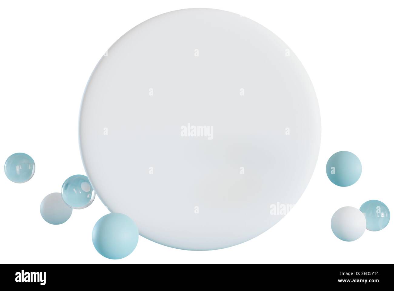 Il s'agit d'un rendu 3D montrant une forme ronde sur un arrière-plan clair. Plusieurs petites sphères sont placées autour du cercle, créant un design simple. Banque D'Images