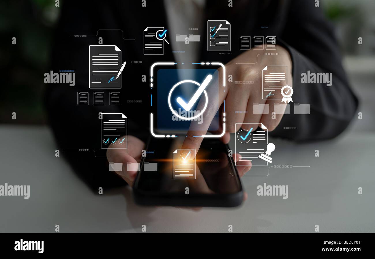Processus d'approbation numérique avec smartphone et éléments d'interface avec des marques de contrôle et des icônes de document pour Modern Business solutions sigmoid Banque D'Images