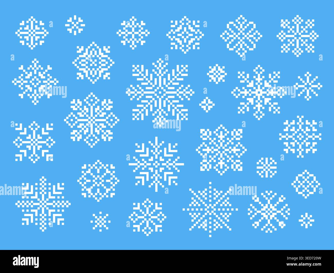Flocons de neige en pixels. Flocon de neige blanc Pixel art style rétro. Ressources de jeu 8 conception 16 bits. Neige d'hiver, décorations de vacances, vecteur ui ux Tidy Illustration de Vecteur
