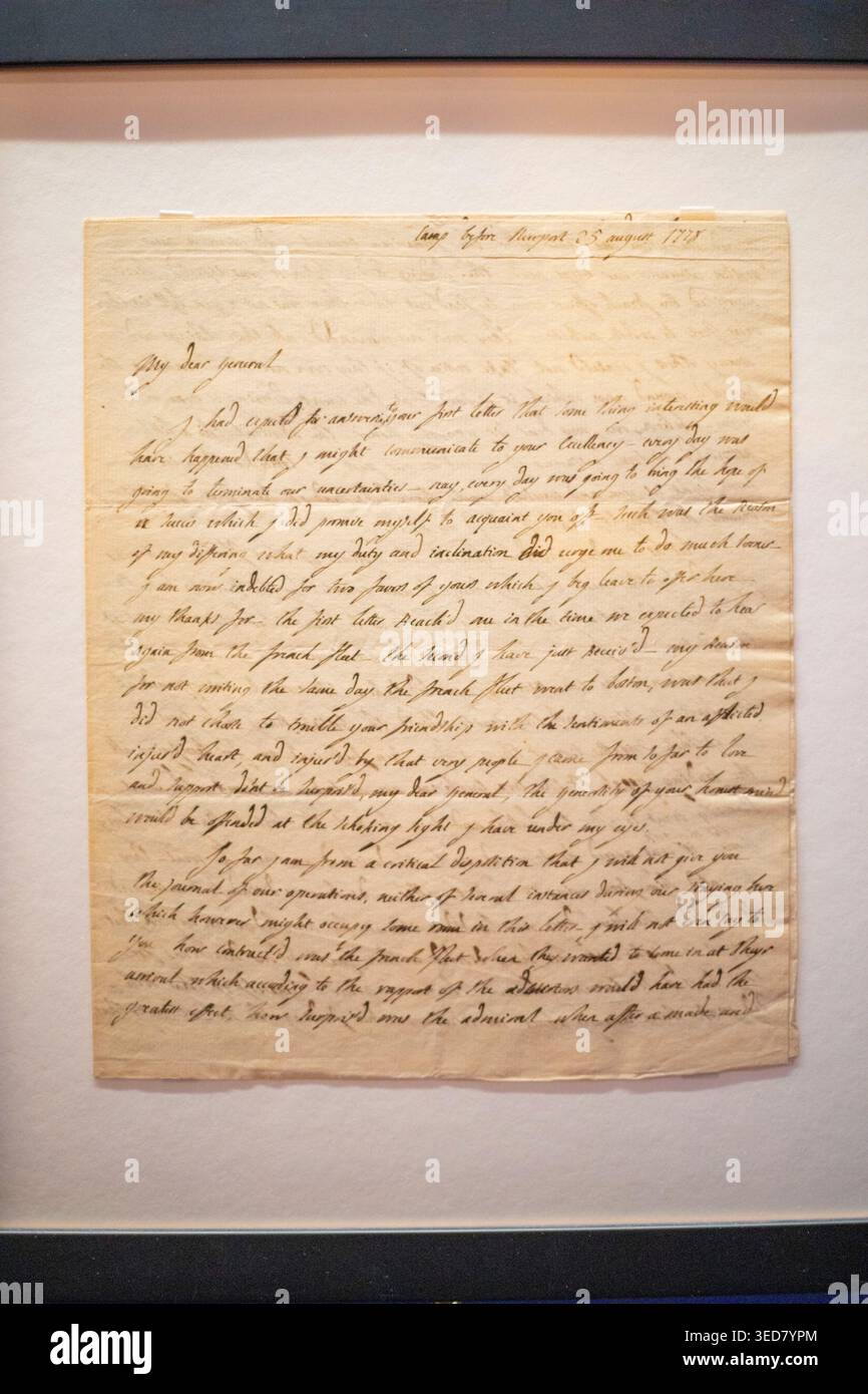 France, Paris, Musée des Archives nationales, exposition Lafayette entre France et Amérique. Histoire et légende, lettre de Lafayette à George Washington de Newport (Rhode Island) en 1778 Banque D'Images