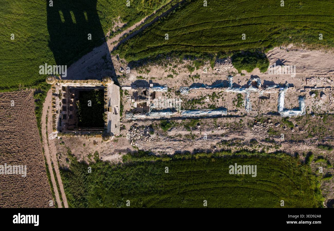 Vue aérienne du manoir de Cezayirli Hasan Pacha sur la côte des Dardanelles à Canakkale, Turquie, architecture du patrimoine ottoman Banque D'Images