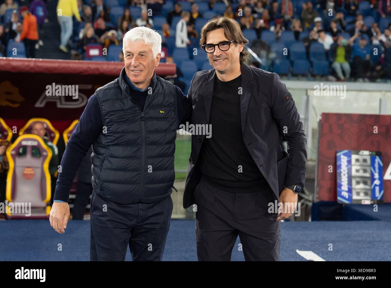 Rome, Italie. 04 mai 2026. Gian Piero Gasperini entraîneur-chef de l'AS Roma et Paolo Vanoli entraîneur-chef de l'ACF Fiorentina lors de la série Serie A Enilive match entre L'AS Roma et l'ACF Fiorentina au Stadio Olimpico le 4 mai 2026 à Rome, Italie crédit : Giuseppe Maffia/Alamy Live News Banque D'Images