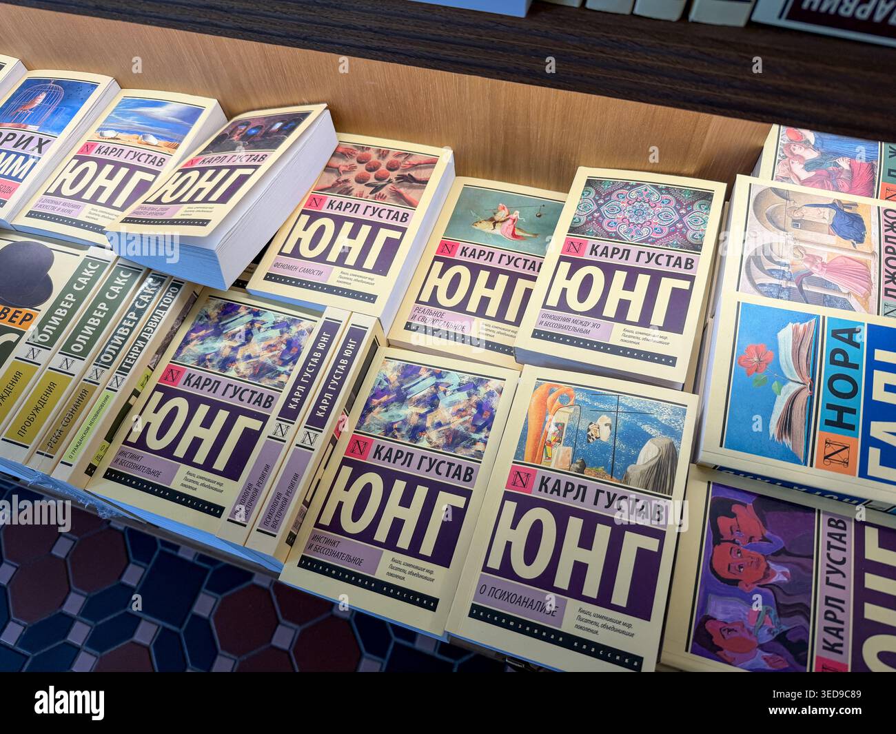 Saint-Pétersbourg, Russie - 27 avril 2026 : Collection de livres par Carl Gustav Jung exposés sur une étagère en bois dans une librairie avec des couvertures colorées et Banque D'Images