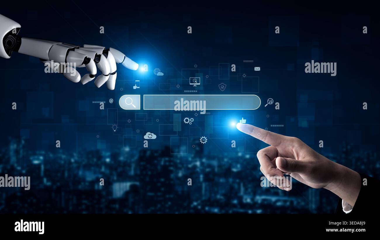 Interface de moteur de recherche assistée PAR IA pour trouver des informations numériques, améliorer la visibilité SEO, surveiller les informations et prendre en charge l'accès aux données avec intelligent Banque D'Images