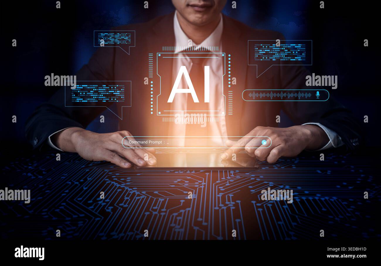 Un cadre professionnel s'engage avec la technologie avancée de l'IA numérique sur un écran interactif futuriste, illustrant l'innovation commerciale moderne et Banque D'Images