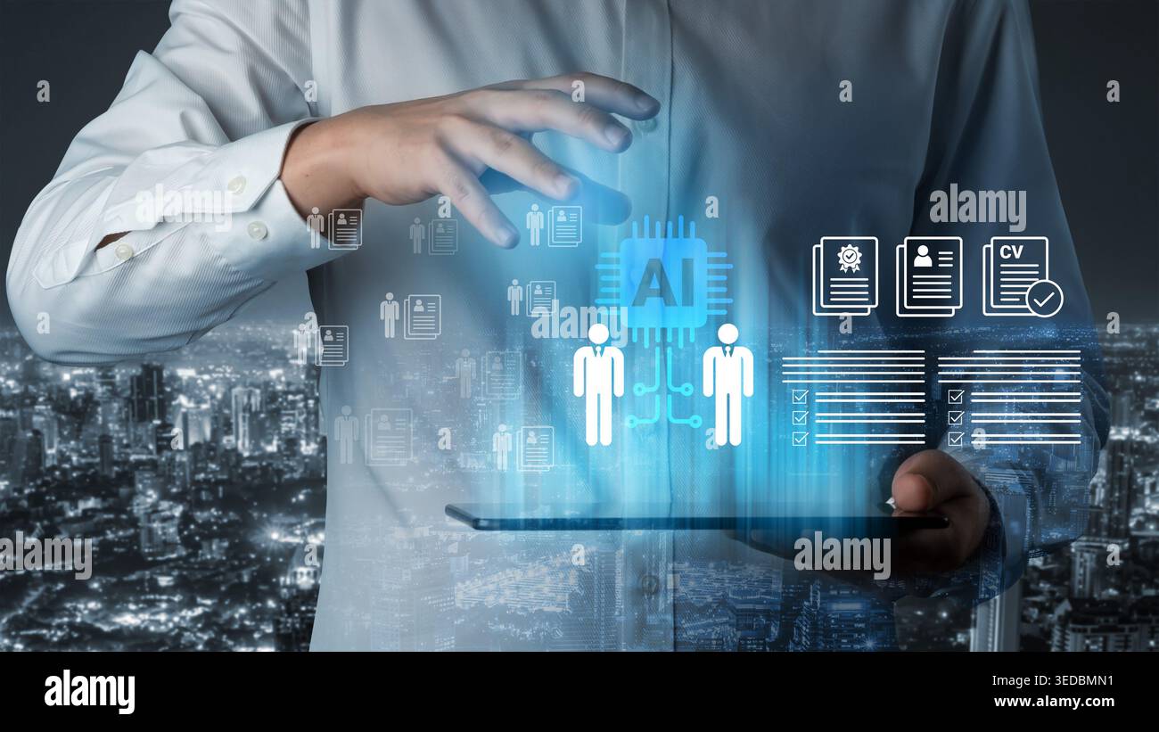 Un professionnel des affaires moderne interagit avec la technologie numérique pour rationaliser le processus de recrutement à l'aide de l'IA, mettant en valeur un contexte urbain Banque D'Images