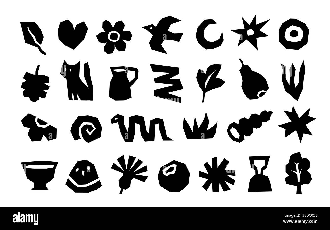 Formes de linogravure et symboles vectoriels avec glyphes noirs primitifs, icônes folkloriques faites à la main et silhouettes abstraites, y compris oiseau, chat, feuille, fleur et Illustration de Vecteur