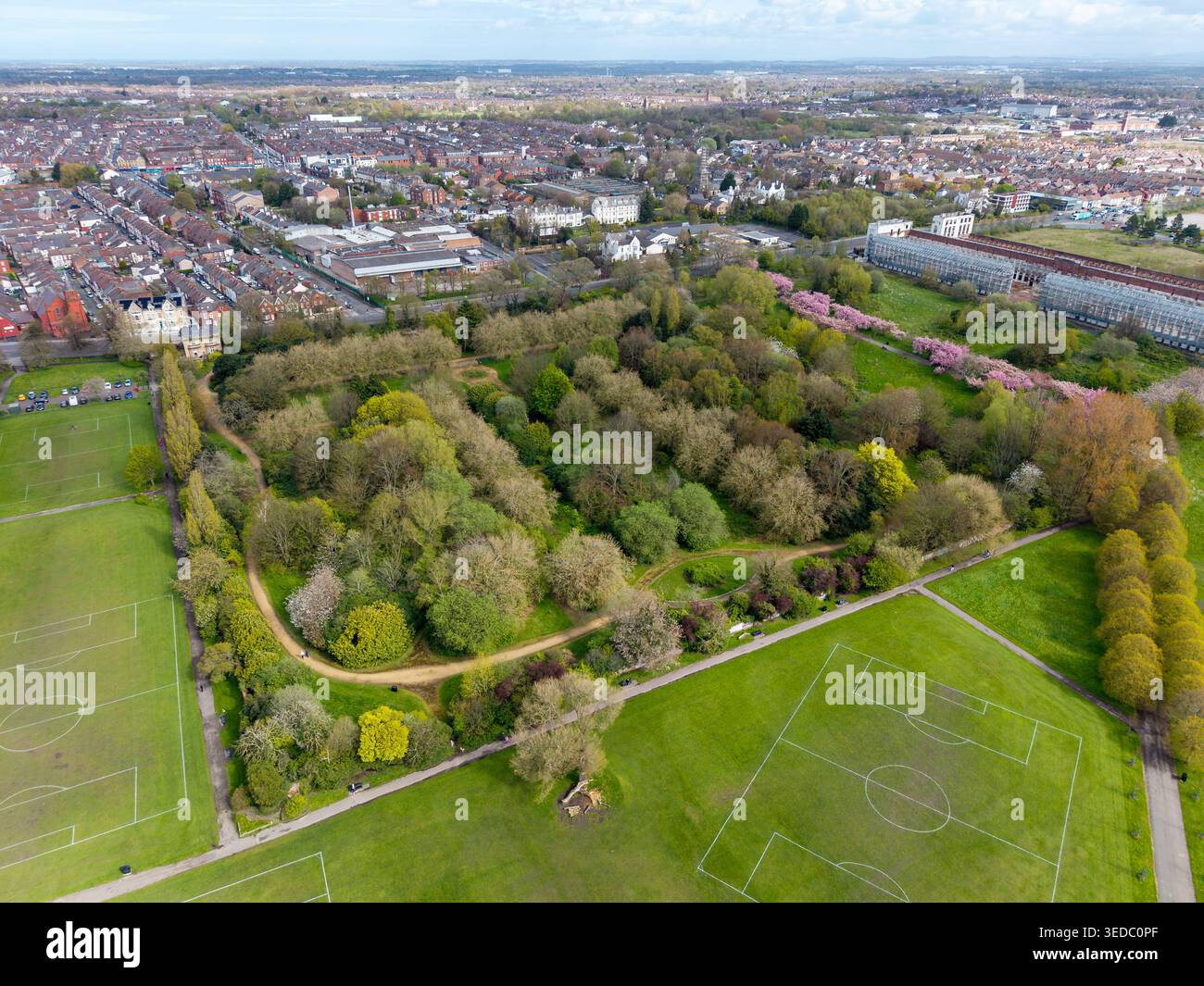Vue aérienne des pelouses verdoyantes, des arbres matures et de l'aménagement traditionnel des jardins botaniques de Wavertree à Liverpool Banque D'Images
