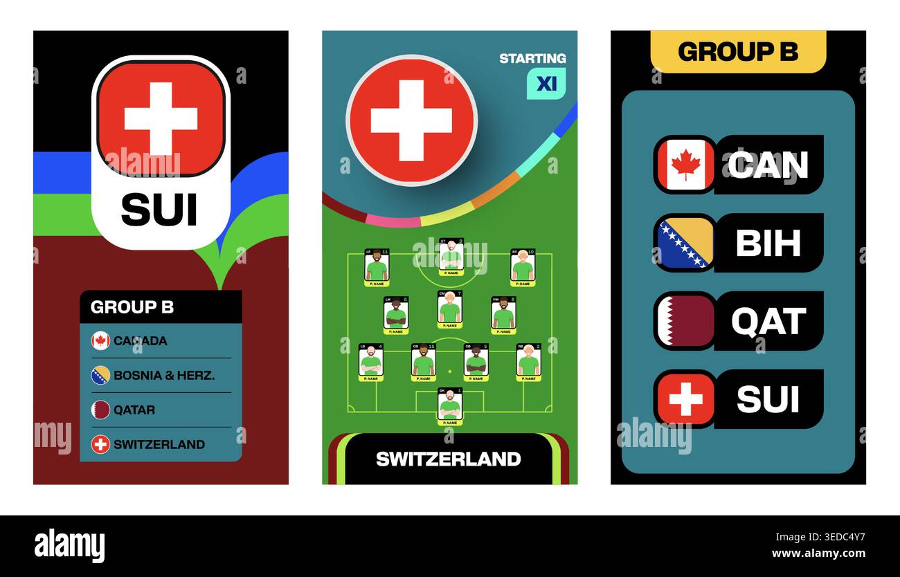 Bannières infographiques de l'équipe Suisse de football illustrant les détails du groupe B, le XI de départ et les informations sur la journée du tournoi mondial 2026 Illustration de Vecteur