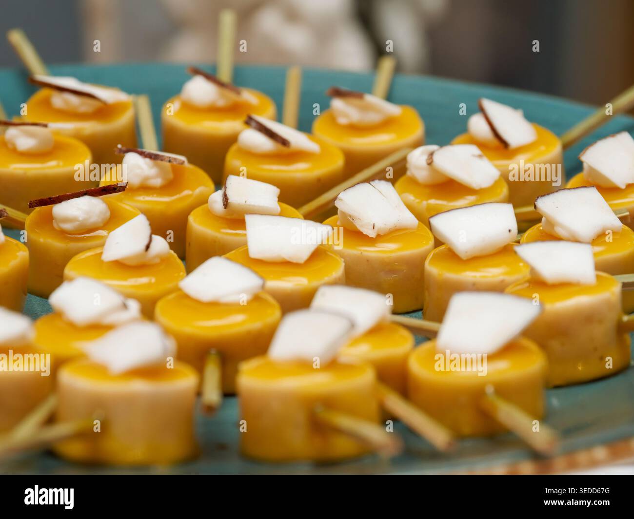 Hors-d'œuvre gastronomique exotique recouvert de noix de coco servis sur un élégant buffet de restauration lors d'un cocktail. Banque D'Images