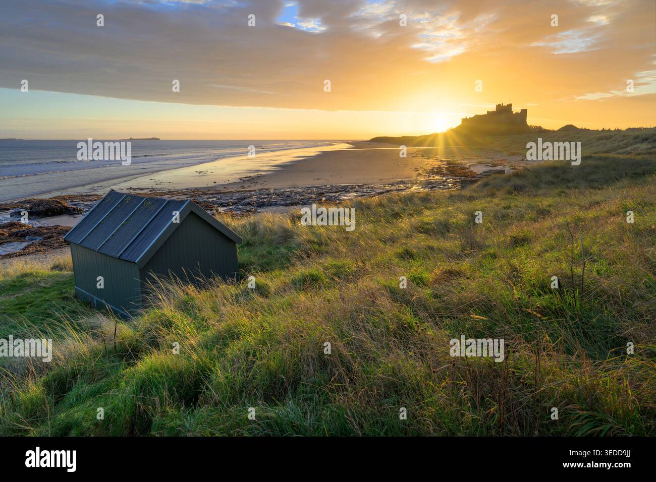 Château de Bamburgh avec lumière dorée du matin et vue sur la cabane en bois, Northumberland, côte nord-est, Royaume-Uni. Banque D'Images