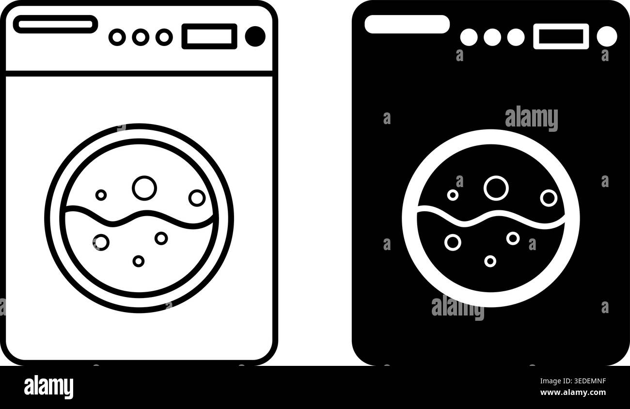 Icônes de blanchisserie. Icônes de lave-linge vectoriel noir et blanc. Laver les vêtements sales. Tâches ménagères. Concept hôtelier et touristique Illustration de Vecteur
