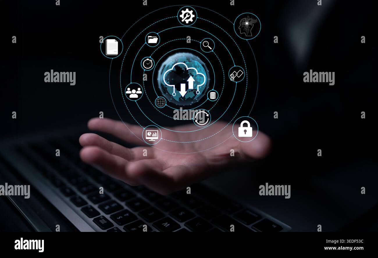 Main atteignant vers des icônes numériques représentant la technologie cloud, la gestion des données et les concepts de cybersécurité dans Dark Environment Quark. Banque D'Images