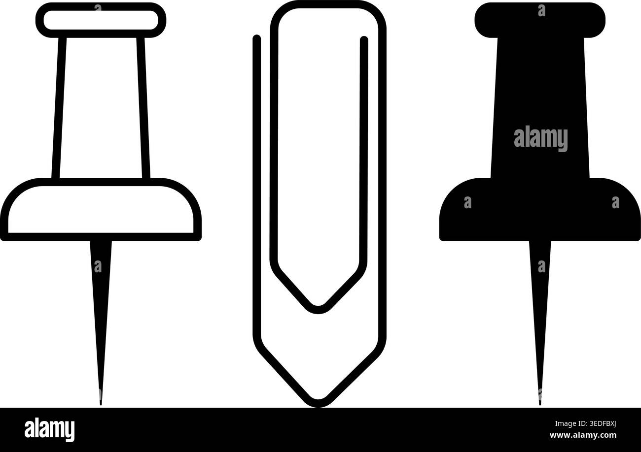 Icônes clip et pin. Icône de vecteur noir et blanc. Papeterie. Concept de bureau Illustration de Vecteur