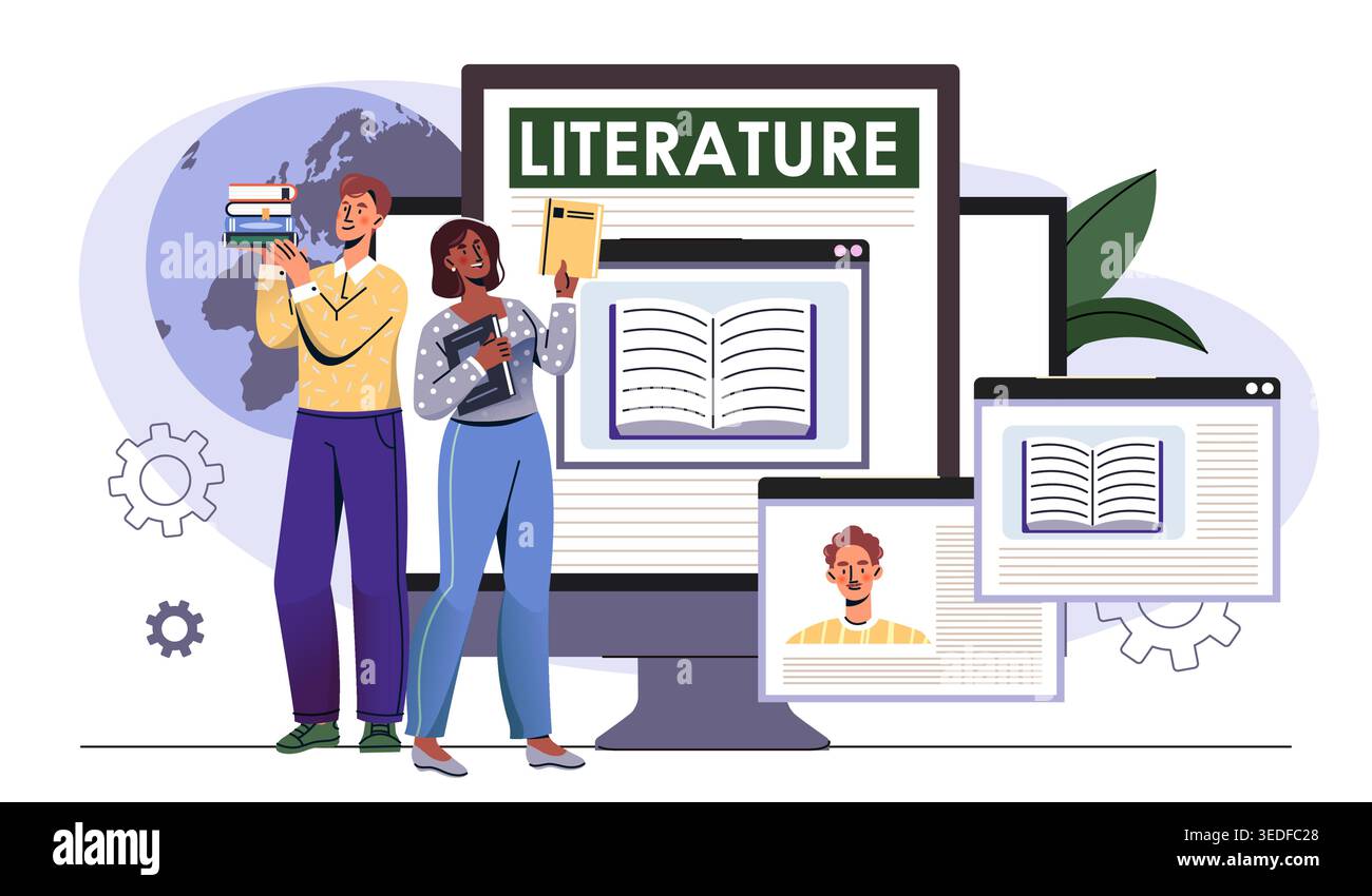 Matière scolaire de littérature. Femme et homme avec pile de livres dans les mains. Amour de la lecture. Éducation et développement personnel. Sagesse et connaissance. Plat Illustration de Vecteur